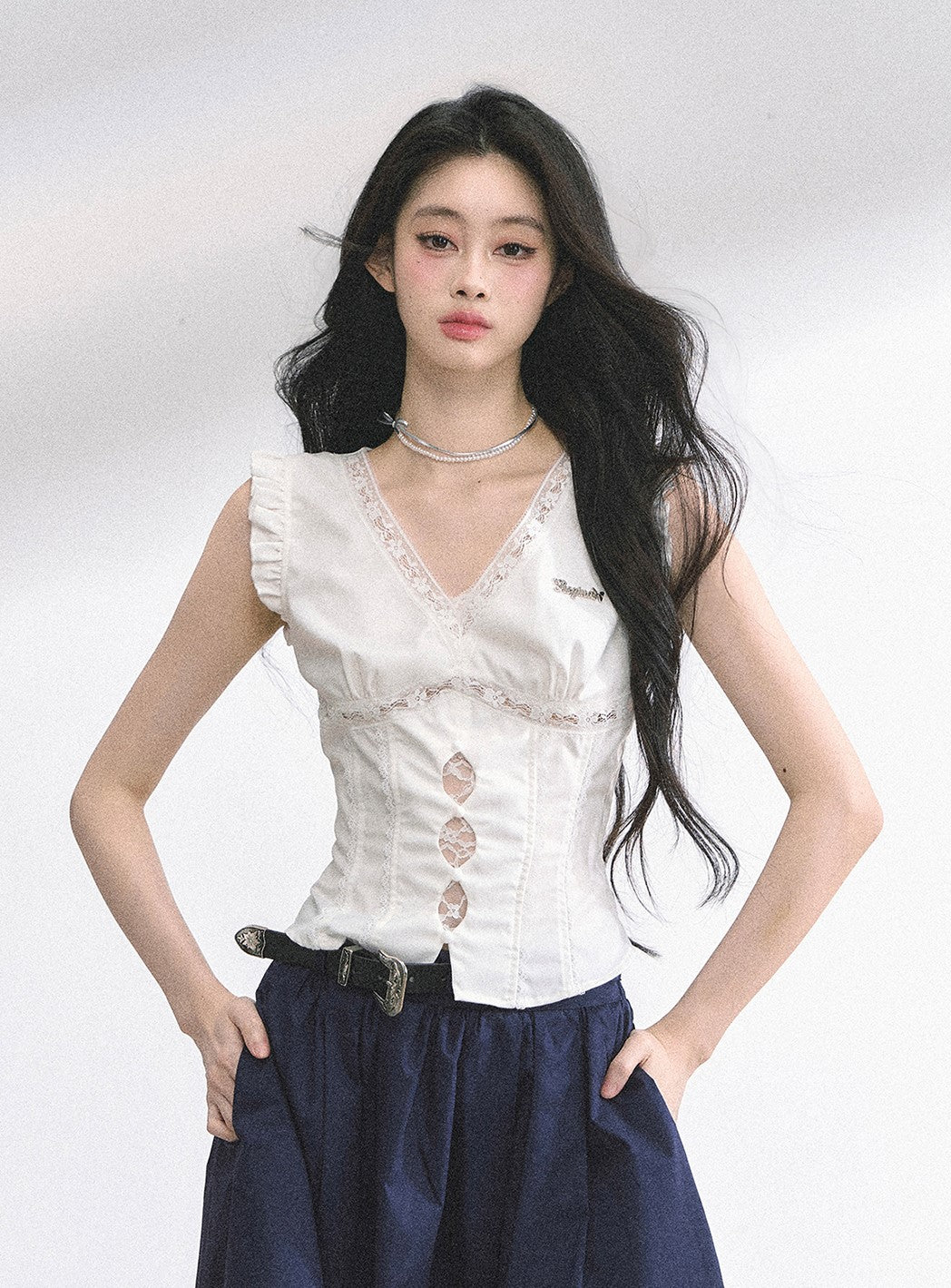V-neck Lace Small Flying Sleeve Shirt DIA0523