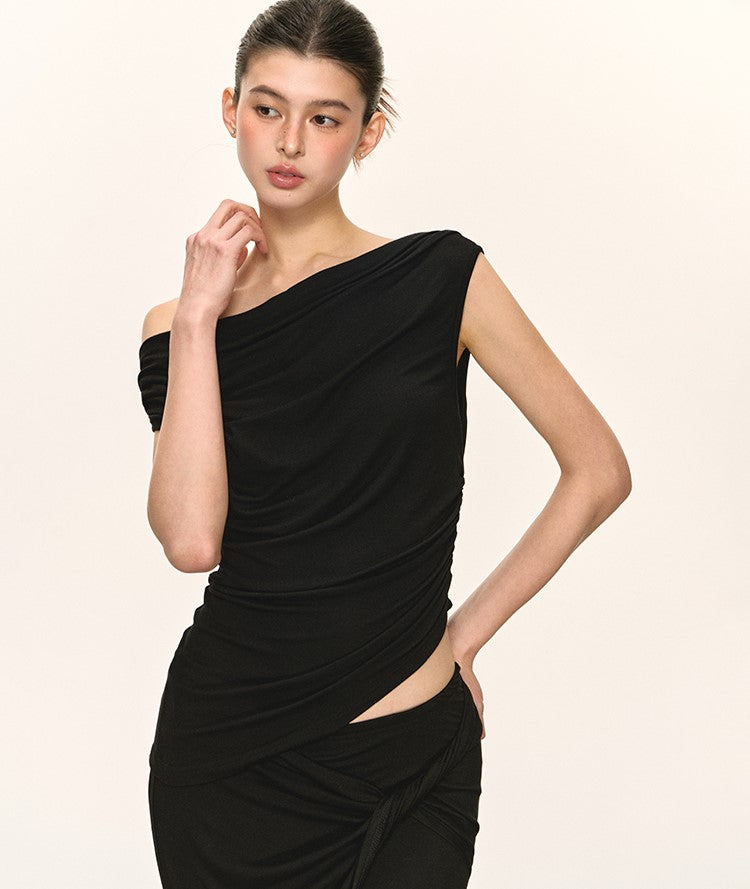 Pleated Oblique Shoulder Top/Skirt ANA0034