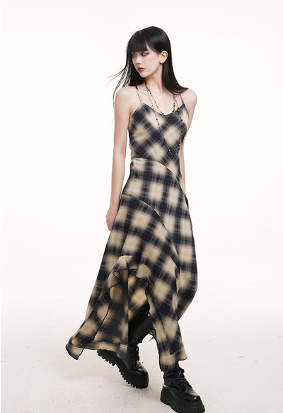 Irregular Hem Plaid Suspender Dress LAD0175