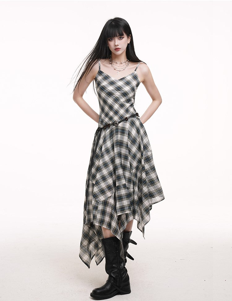Irregular Plaid Suspender Dress LAD0174