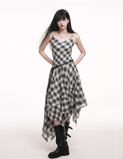 Irregular Plaid Suspender Dress LAD0174