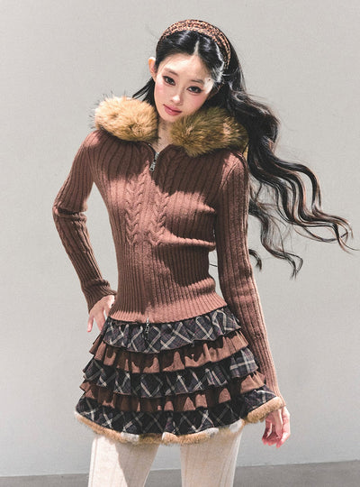 Fur Hooded Knitted Cardigan DIA0686