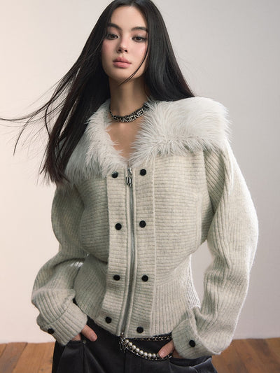 Fur Collar Wide-Sleeve Sweater Cardigan VIA0364
