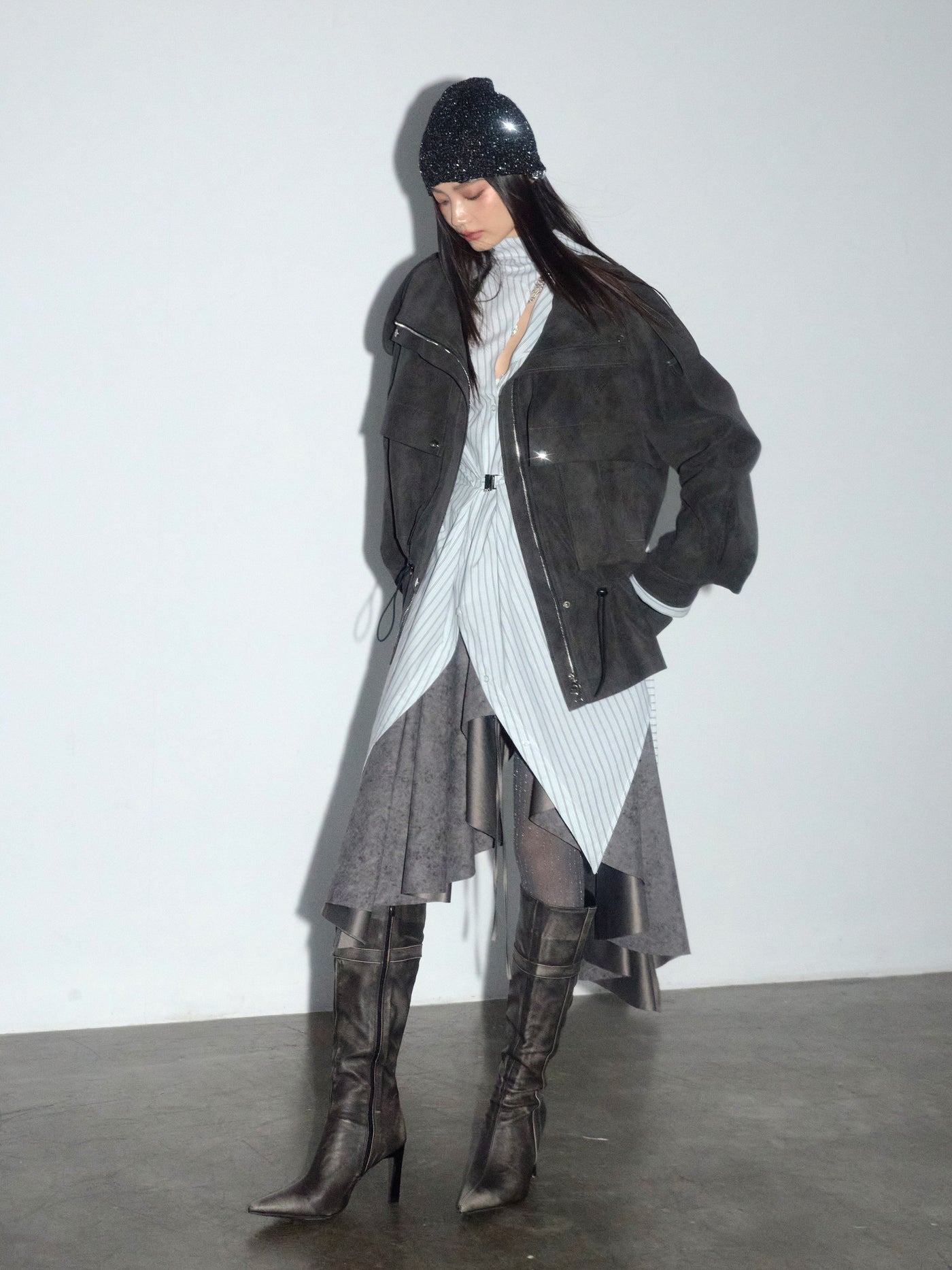 Workwear Pockets Drawstring Leather Jacket JNY0276