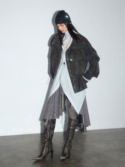 Workwear Pockets Drawstring Leather Jacket JNY0276