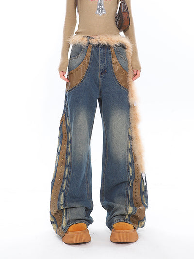 Retro Deconstructed Leather Washed Design Wide-leg Jeans UNC0188