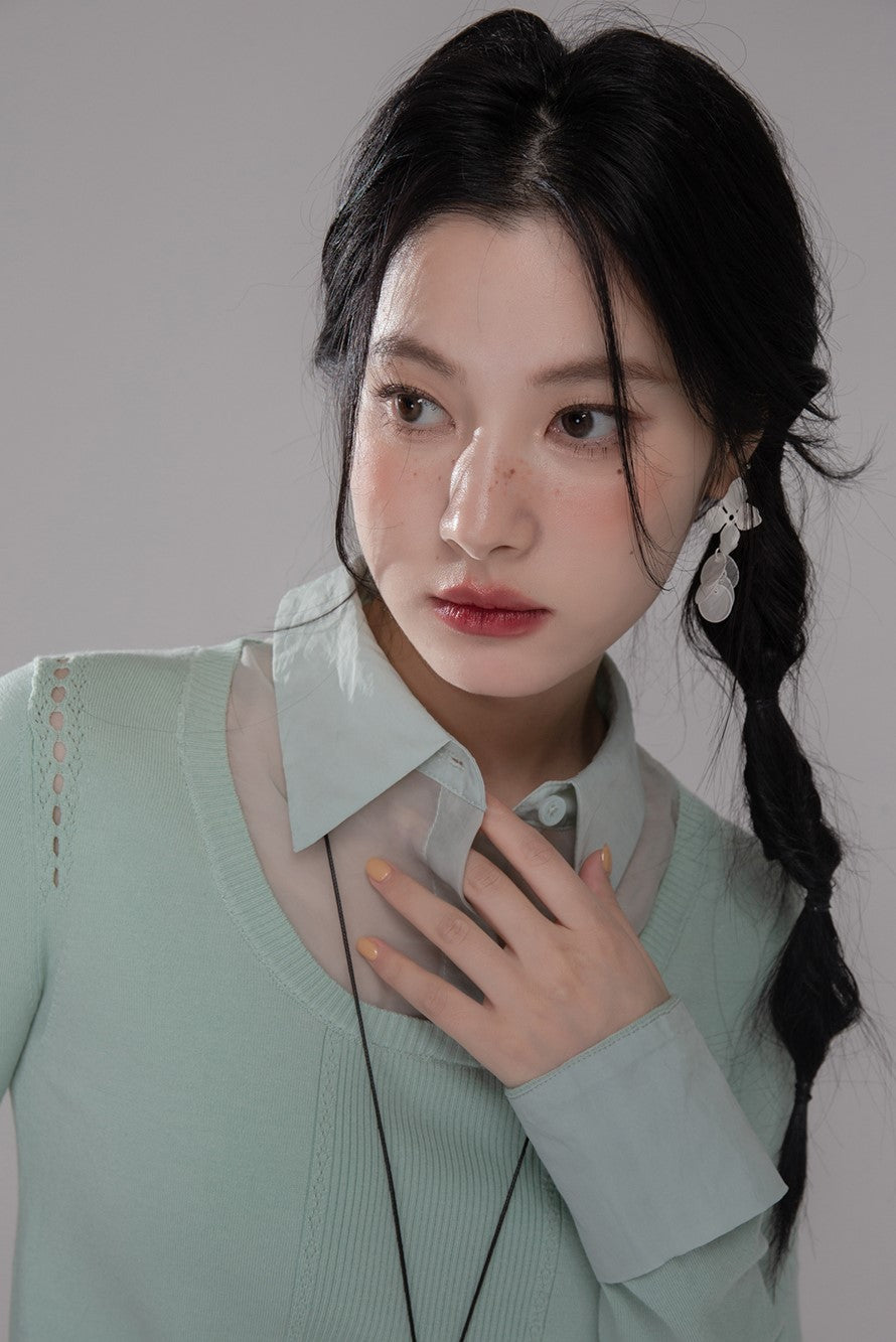 Mint Green Shirt Collar Sweater COT0352