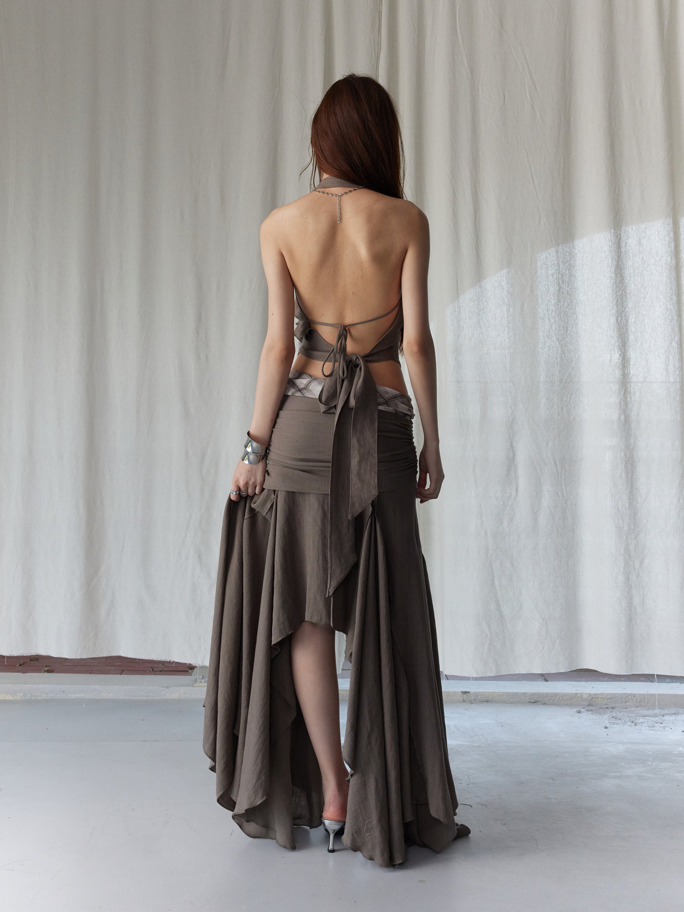 Splicing Irregular Swing Halter Neck Top/Skirt JNY0243