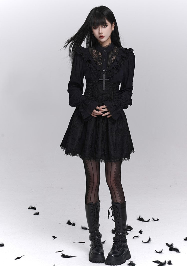 Black Long-Sleeved Lace Shirt LAD0244