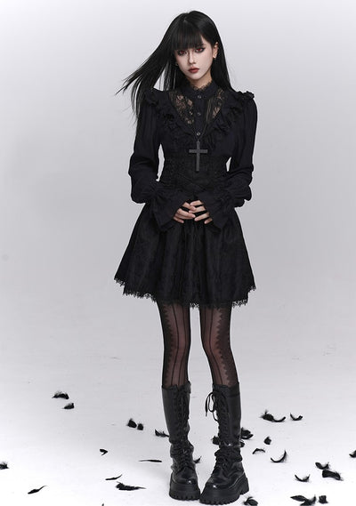 Black Long-Sleeved Lace Shirt LAD0244