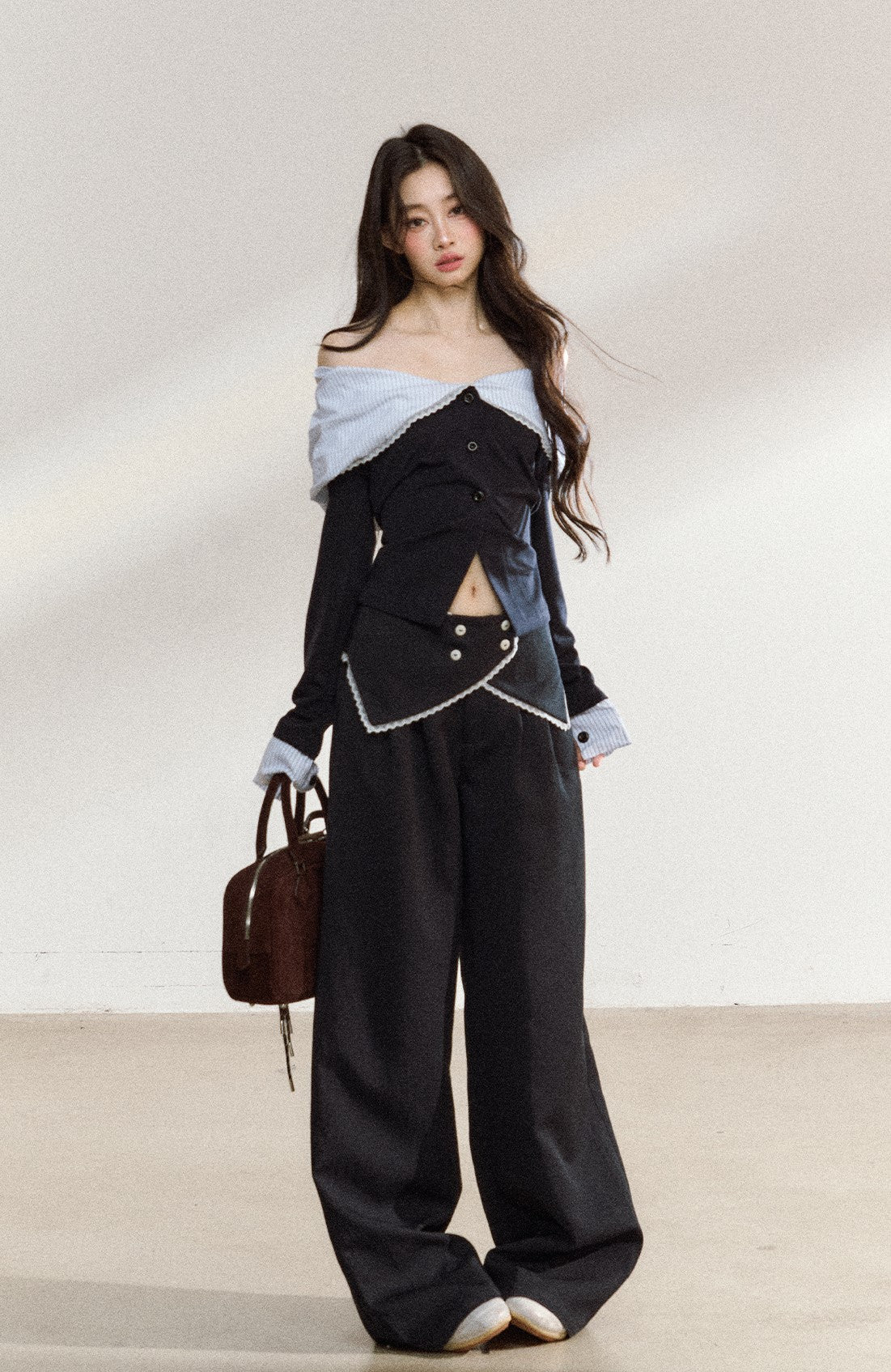 Off Shoulder Splicing Lapel Top/Wide-leg Pants SHI0207
