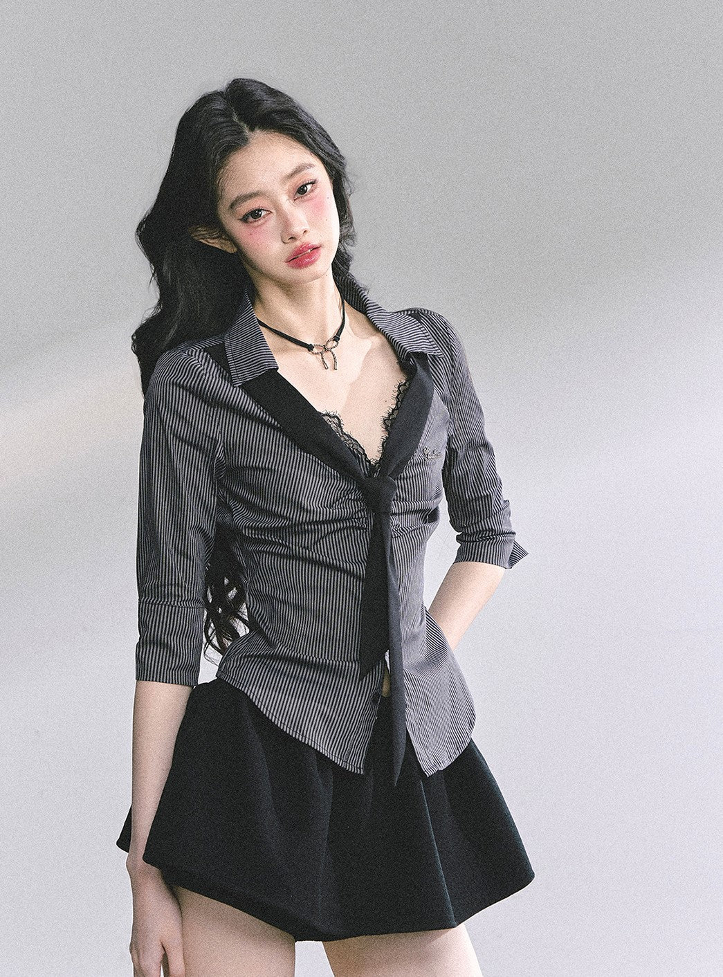 Lace Striped Slim Shirt DIA0572