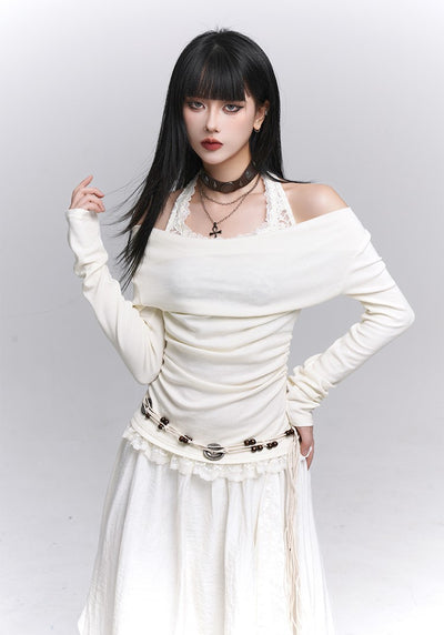 Off-Shoulder Long Sleeve Halter Neck Top LAD0231