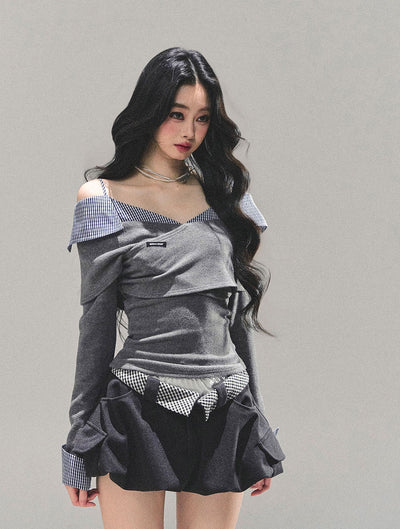 Off-Shoulder Long-Sleeve Plaid T-Shirt DIA0692