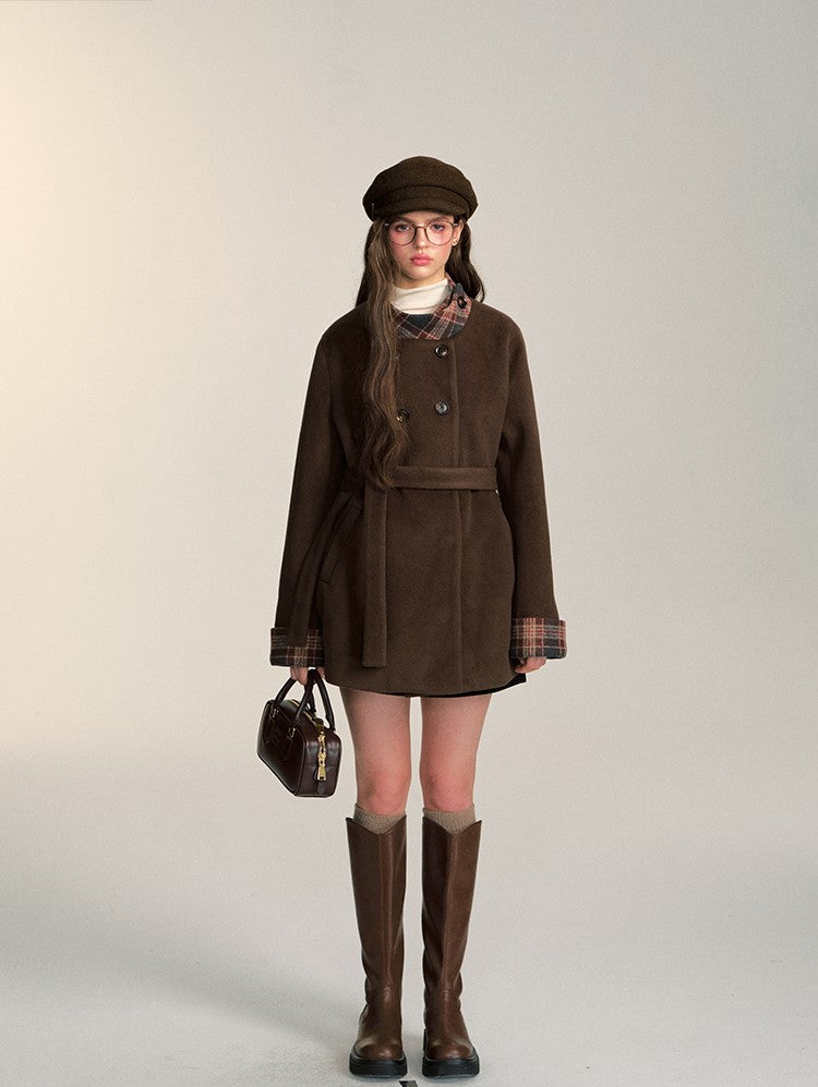 Retro Double-breasted Mid-length Coffee-colored Woolen Coat QDQ0085