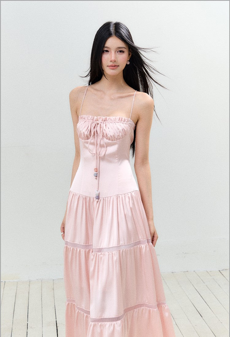 Satin Pleated Lace-up Suspender Dress AGM0150