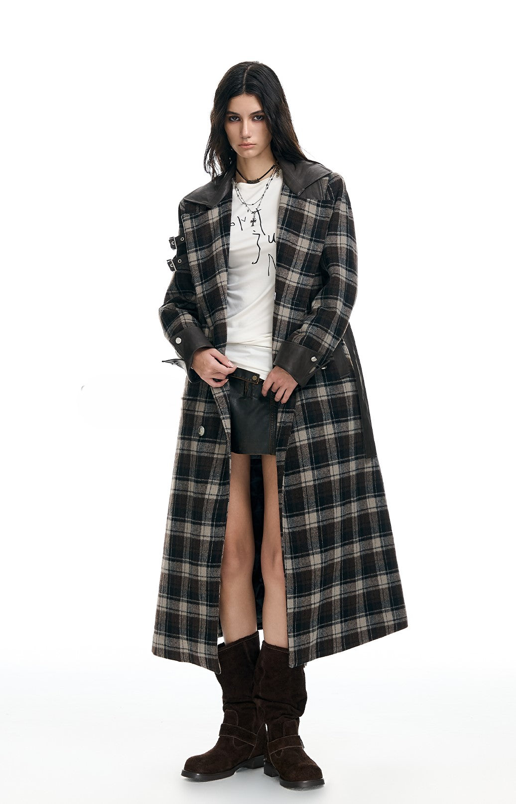 Plaid Leather Slim Mid-Length Long Coat WES0209