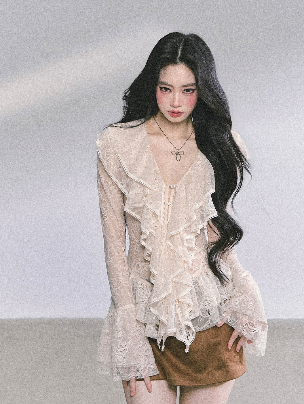 Lace Hollow Ruffled Long Sleeve Shirt DIA0588