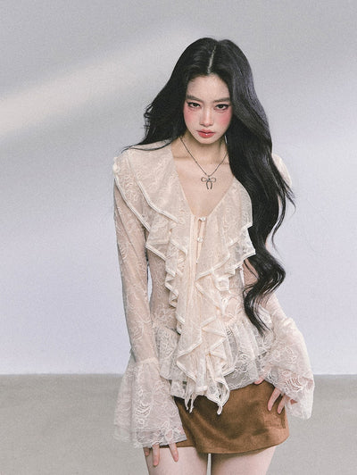 Lace Hollow Ruffled Long Sleeve Shirt DIA0588