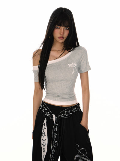 Bow Print Fake Two-piece One Shoulder T-shirt ACM0086