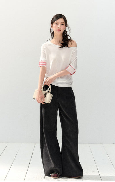 Oblique Shoulder Plaid T-shirt SHI0142