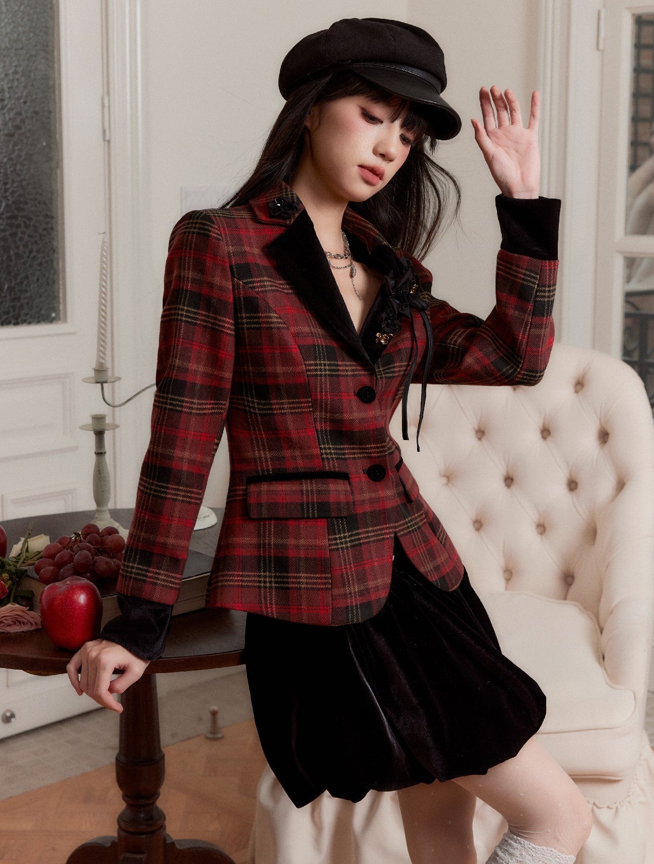 Red Plaid Slim Waist Suit Jacket/Black Velvet Skirt FRA0268