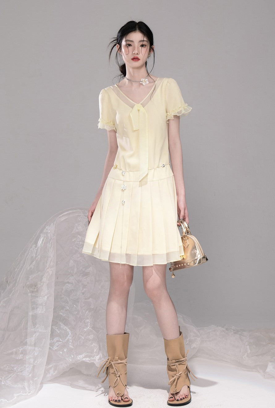 Honey Yellow Pleated Mesh Dress COT0321