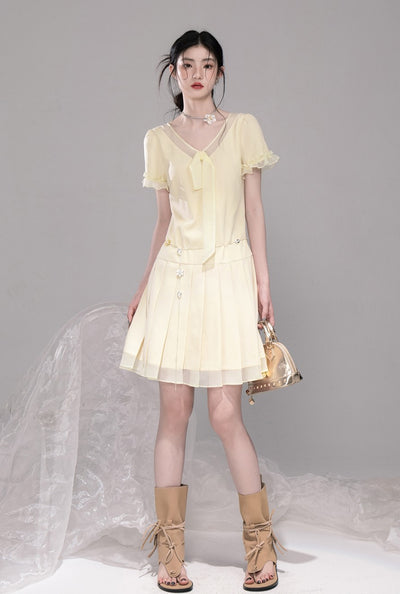 Honey Yellow Pleated Mesh Dress COT0321