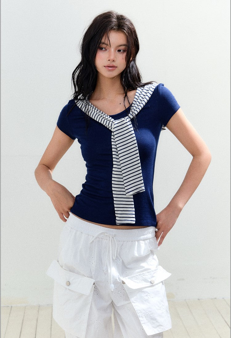 Fake Two-piece Shawl Slimming T-shirt AGM0167