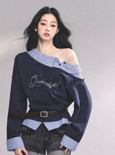 Fake Two-piece One Shoulder Plaid Sweatshirt DIA0626