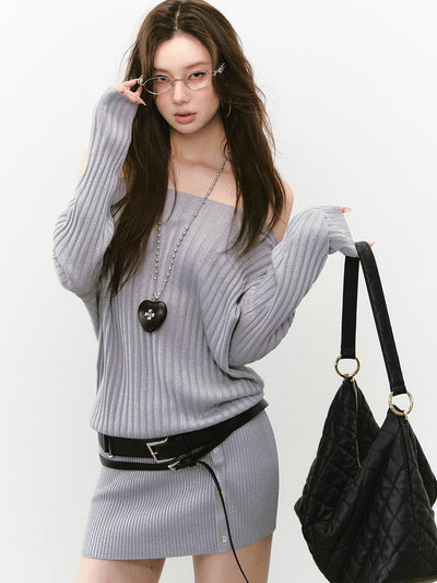 Off Shoulder Button Knitted Dress VIA0267