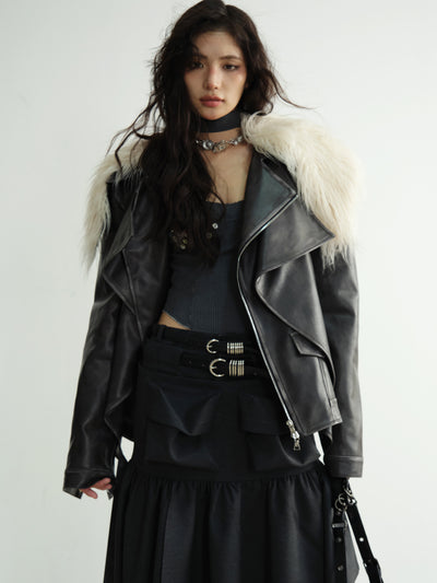 Dark Retro Rock Fur Collar Fake Two-piece Layered Rubbed Color Leather Jacket JNY0192