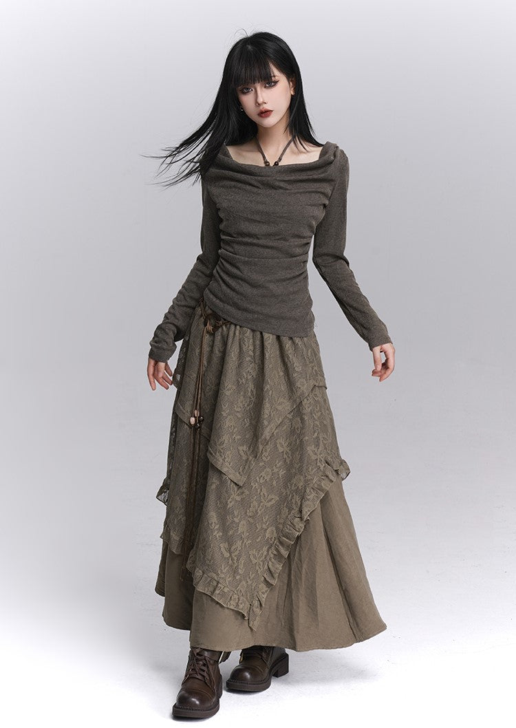 Brown Lace Cake Long Skirt LAD0250