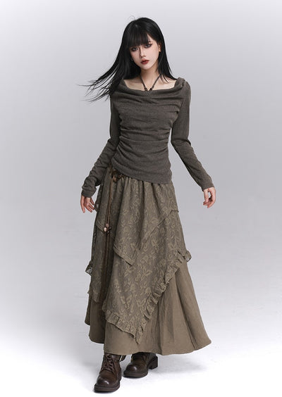 Brown Lace Cake Long Skirt LAD0250