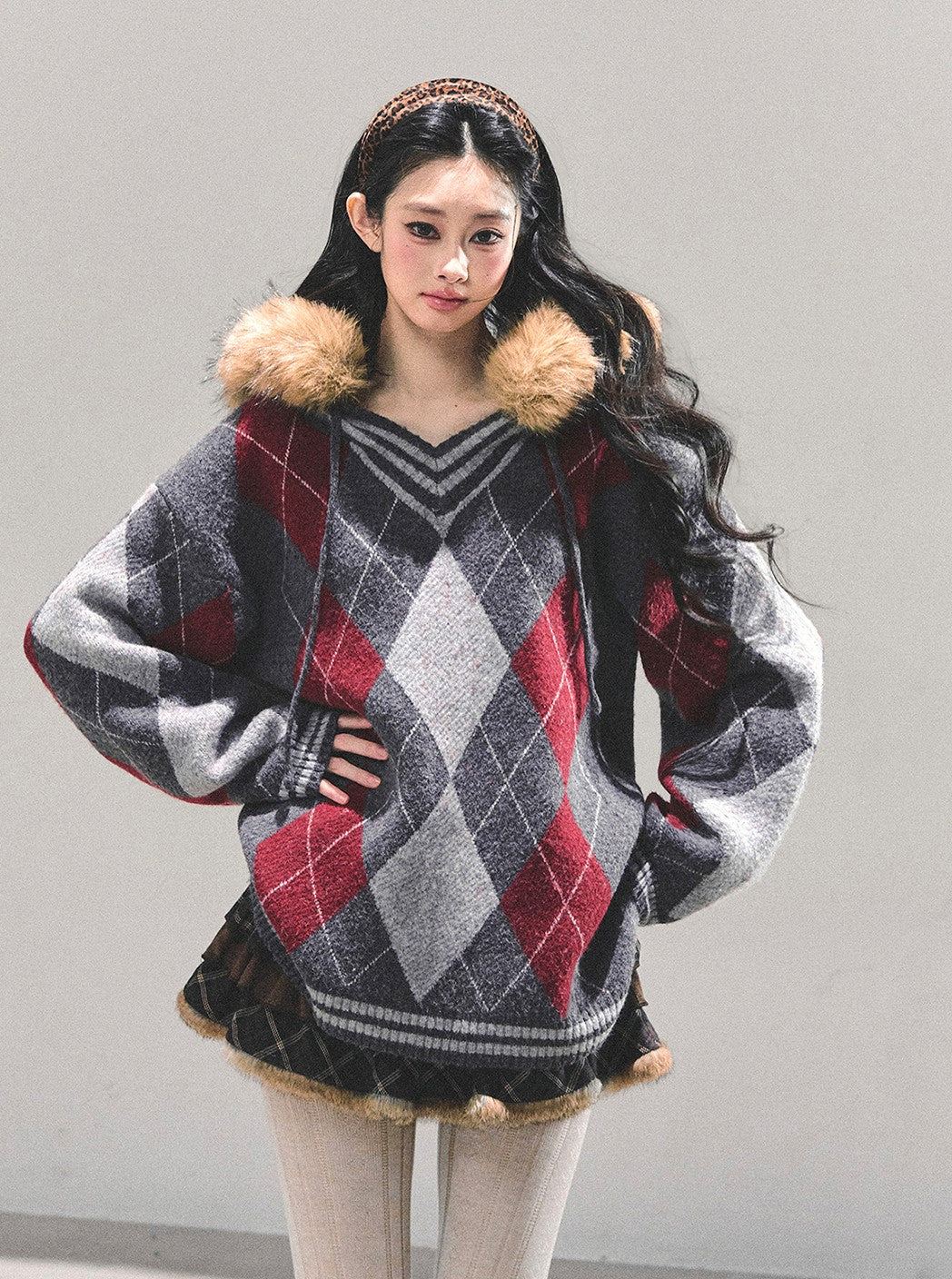 American Preppy Style Fur-Collar Argyle Sweater DIA0696