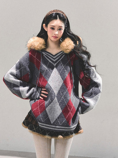 American Preppy Style Fur-Collar Argyle Sweater DIA0696
