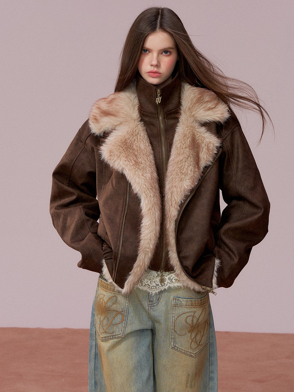 Loose-fitting Faux Two-Piece Fur Collar Jacket VIA0353