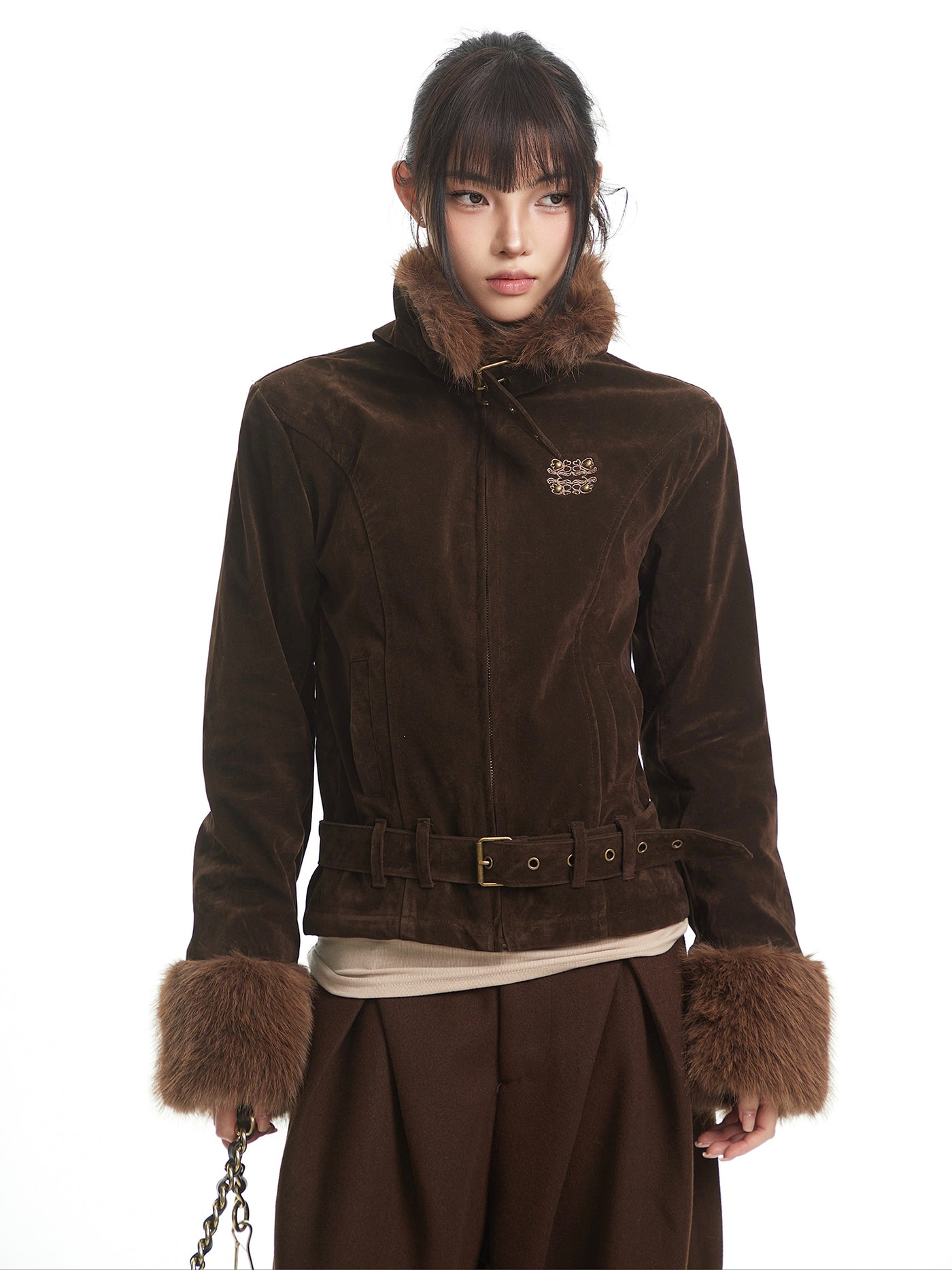 Retro Style Fur Collar Patchwork Suede Jacket UNC0327