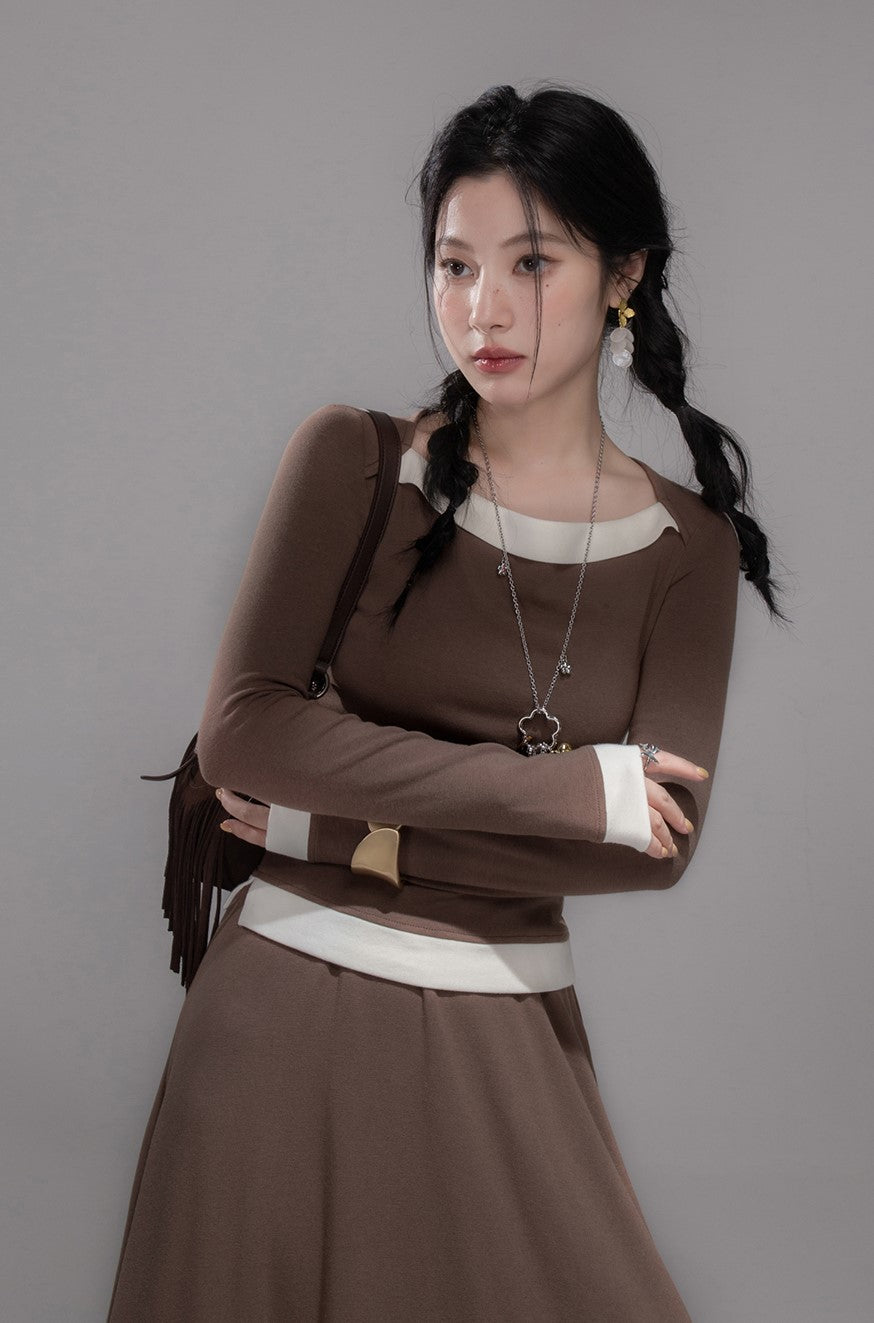 White Milk Coffee Contrast Top+Skirt COT0359