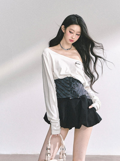 Oblique Shoulder Loose T-shirt DIA0544