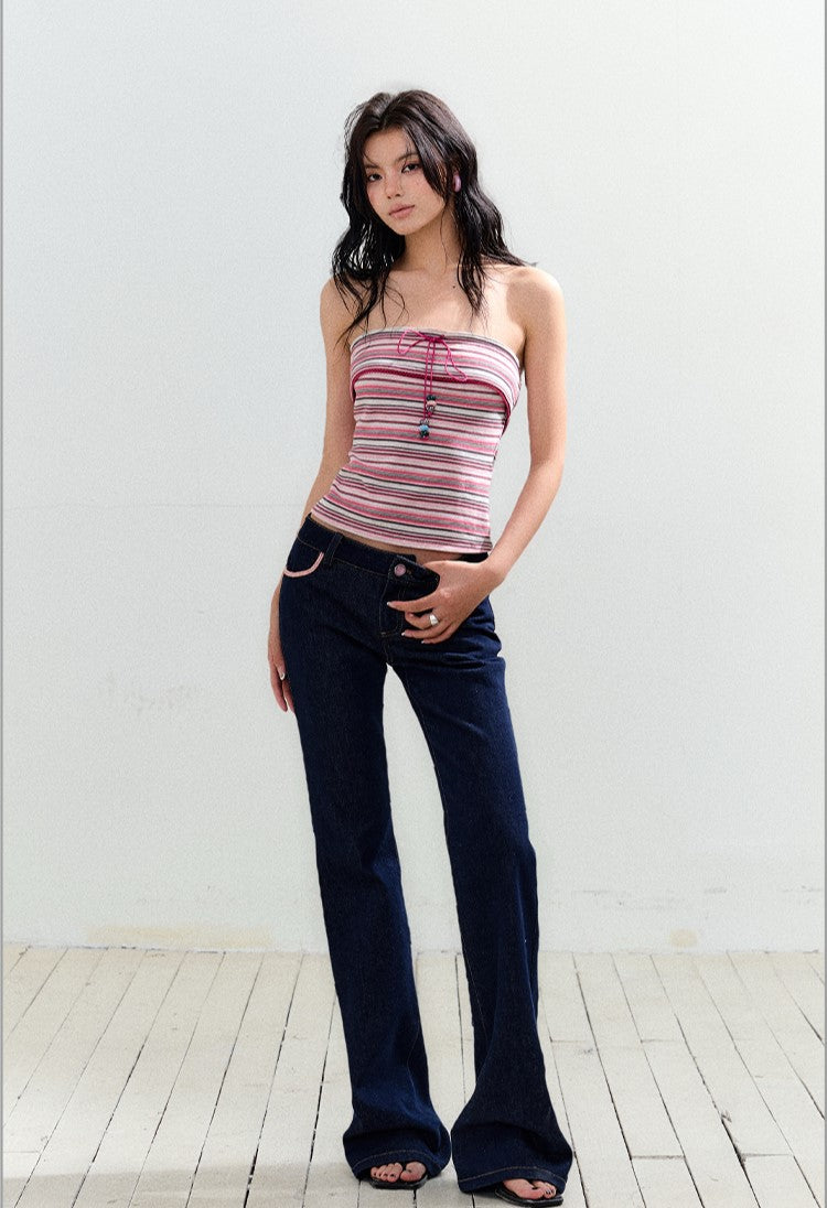 Drawstring Lace Striped Tube Top AGM0159
