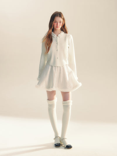 White Satin Texture Fur Short Skirt REC0061