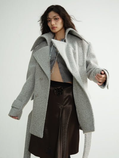 Large Stand-up Collar Gnderless Light Gray Woolen Coat JNY0185