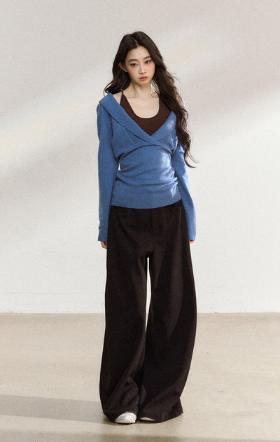 Blue V-neck Loose Sweater SHI0221
