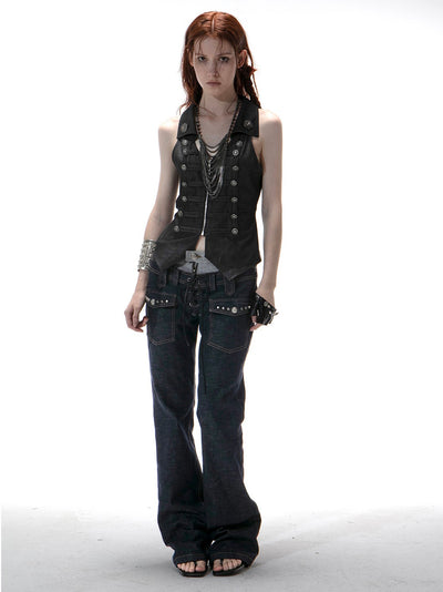 V-neck Metal Slim Zipper Vest DOU0131