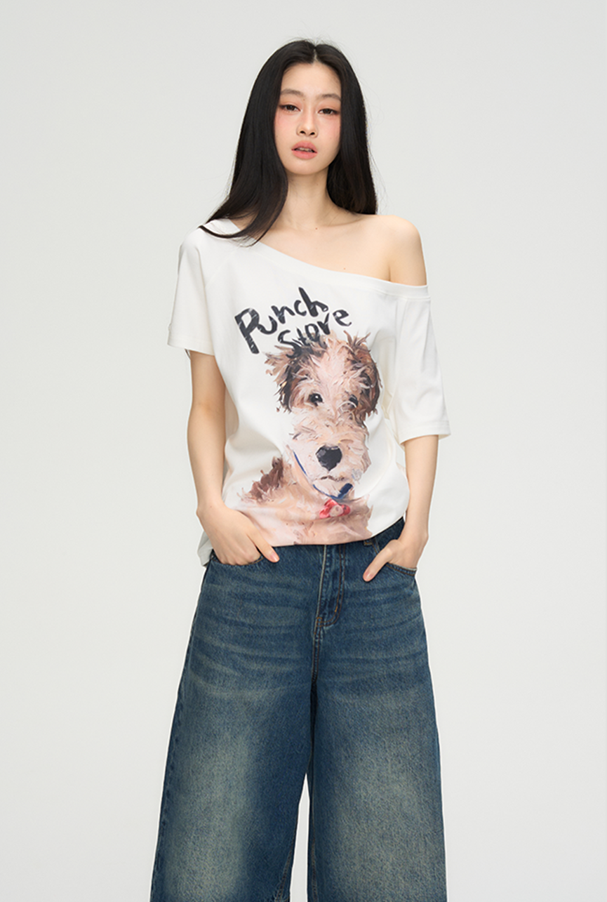 Puppy Print One Shoulder T-shirt PUN0069