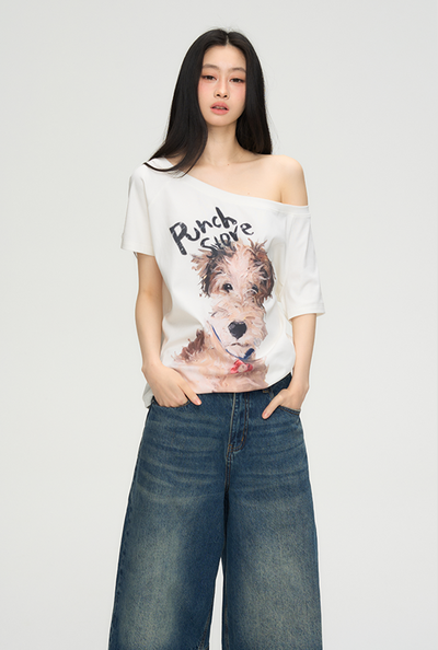 Puppy Print One Shoulder T-shirt PUN0069