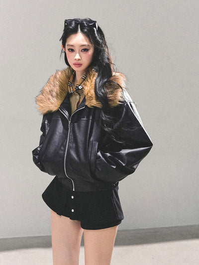 Black Large Lapel Leather Jacket DIA0690
