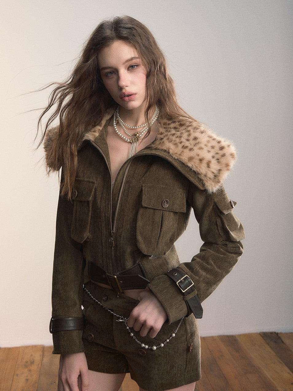 Leopard Print Large Fur Collar Jacket VIA0363