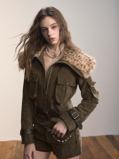 Leopard Print Large Fur Collar Jacket VIA0363